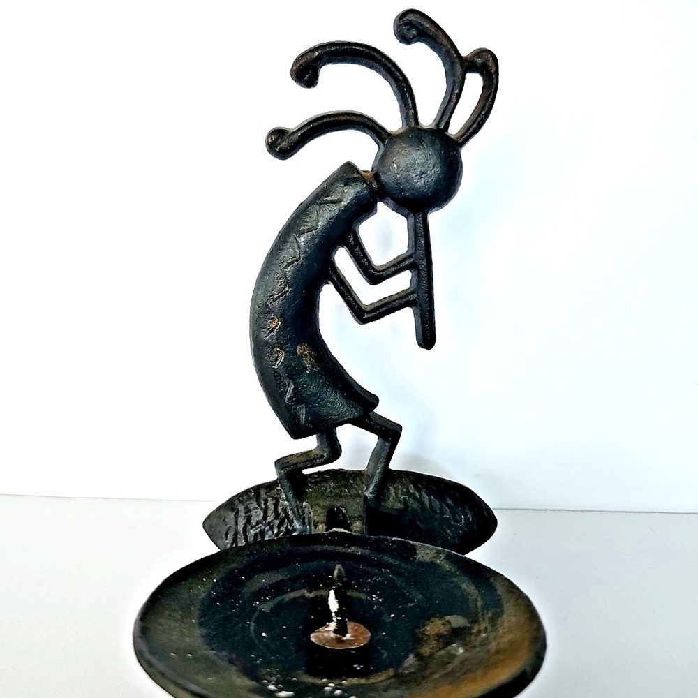 Vintage Kokopelli Cast Iron Candle Holder Flute Player Southwestern Rustic Decor